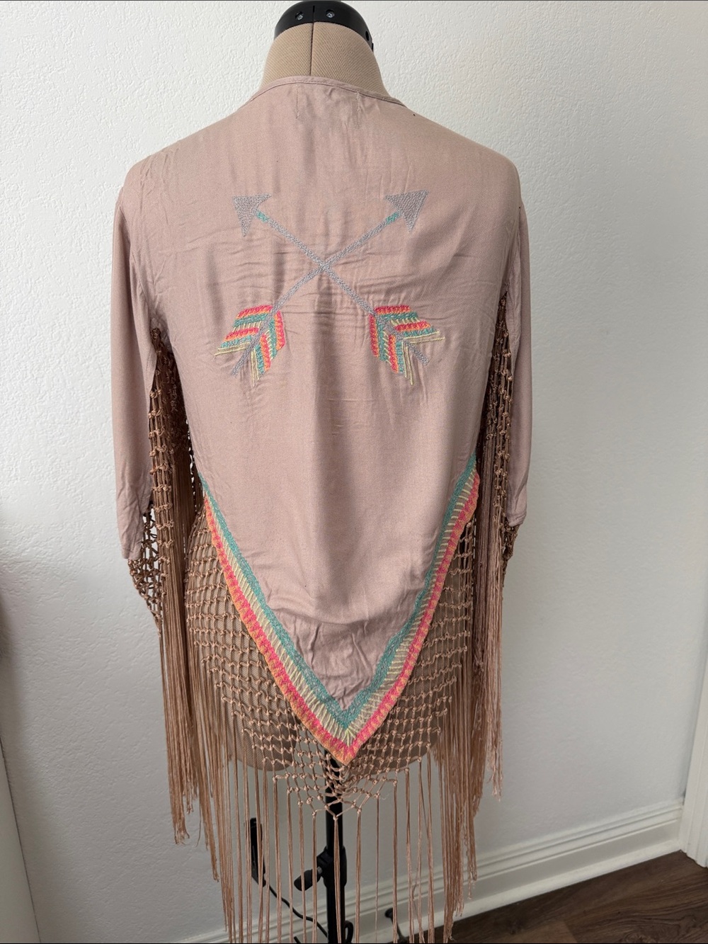 Judith March Blush Pink Embroidered Fringe Kimono Cape